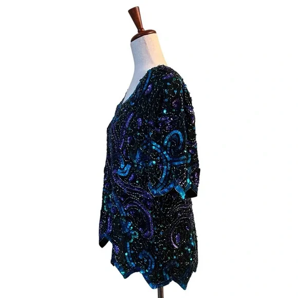 Laurence Kazar Top XL Blue Silk Blouse Sequined Beaded Vintage VTG 80s Scalloped - Picture 6 of 12
